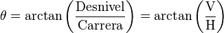 \theta = \arctan \bigg( \frac {\text{Desnivel}}{\text{Carrera}} \bigg) = \arctan \bigg( \frac {\text{V}}{\text{H}} \bigg)  \,